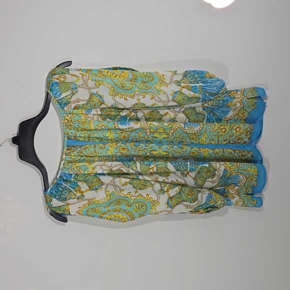 {Caché} Women’s Blouse Multicolor Tassel Print Tie Cold Shoulder Blouse - Size S - Picture 3 of 12